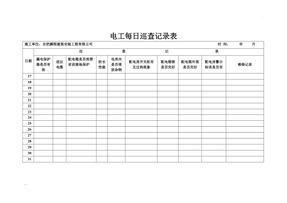 合肥配电箱电工每日巡查记录表及规范操作指南